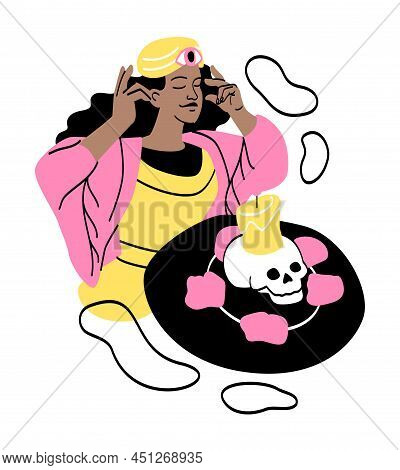 Fortune Tellers Predicting Future. Girl Burns Skull, Mystical Rite. Protection From Evil Spirits. At