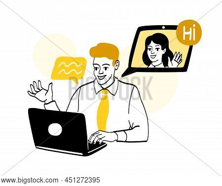 People In Office. Employee Sitting At Laptop. Young Guy Calls Up Woman. Modern Technologies, Social 