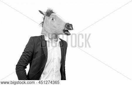 Hardworking Employee. Employee In Horse Head Mask. Professional Man As Workhorse