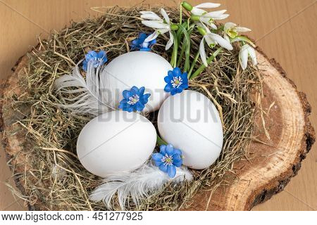 Easter Decor In A Natural Style. The Eggshell Is Decorated With Flowers And Leaves. The Composition 