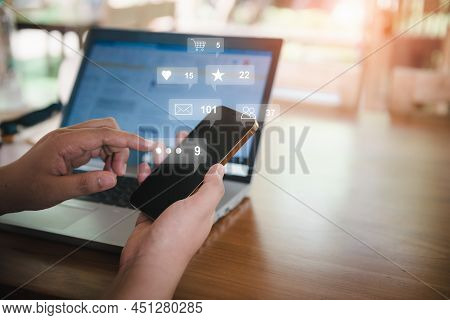 Business Woman's Hands Is Using Social Media Via Smartphone With Notification Icons. Digital Mobile 