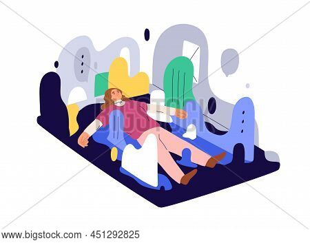 Information Overload, Infoxication Concept. Tired Stressed Person In Info Chaos, Flood. Pressure Of 