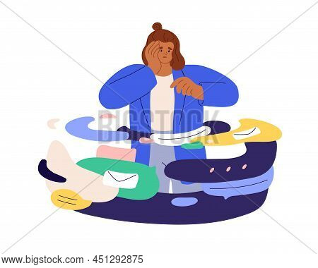 Overwhelmed Person Overloaded With Information, Business Messages And Mail. Busy Woman In Data, Emai