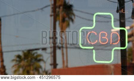 Neon Sign In Smoke Shop, Legalized Cbd Oil Or Medical Cannabis In Store, California Usa. Legal Sale 