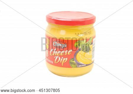 Jar Of Clancy's Brand Cheese Dip Isolated On White Background With Copy Space