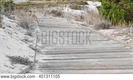 Wooden Boardwalk Trail, Coastal Sand Dunes In Monterey, 17-mile Drive Nature, California Usa. Footpa