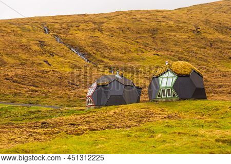 A Weird, Modern Turf Geometric Igloo Near The Small Village Of Kvivik On The Island Of Streymoy. Far