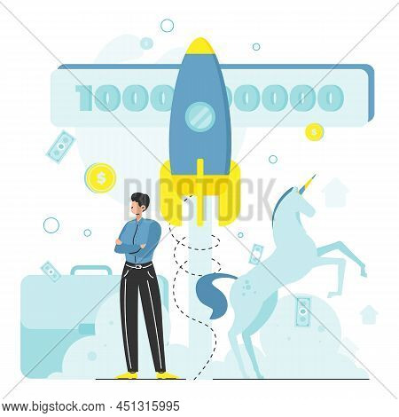 Unicorn Company Or Unicorn Startup, Rocket Launch, Venture Capital Industry, Vector Illustration.