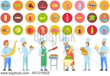 People Preparing Dish, Meal. Chefs Work With Kitchen Equipment To Prepare Food. Male Characters Fry 