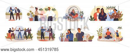 Extravert And Introvert People Scenes Set. Extraversion And Introversion, Personal Space Concept. Di