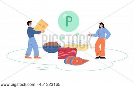 People With Products Enriched With Vitamin P, Flat Vector Illustration Isolated.