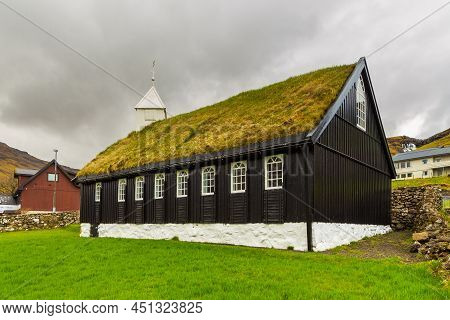 Kollafjordur, Faroe Islands, Denmark - 05 May 2018: View Of The Kollafjordur Church, Kirkja In Small