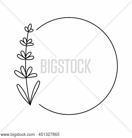 Circle Frame Linear Logo With Lavender. Space For Text. Boho Emblem. Bohemian Sign. Elegant Minimal 