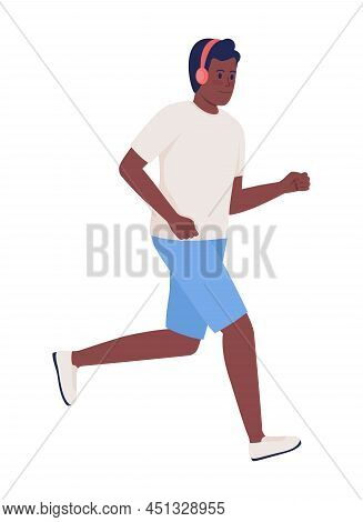 Athletic Man Wearing Headphones Semi Flat Color Vector Character. Running Figure. Full Body Person O