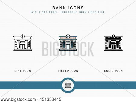 Bank Icons Set Vector Illustration With Solid Icon Line Style. City Building Concept. Editable Strok