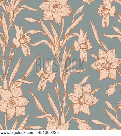Spring Flowers Narcissus Floral Seamless Pattern In Calm Earth Tones. Elegant Hand Drawn Elements In