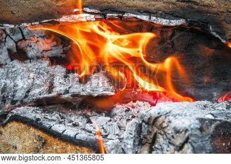 Closeup Of Campfire, Burning Wood And Ash