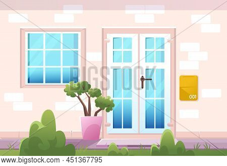 House Facade Front View, Home Cottage Building Exterior Of Brick Wall With Plastic Window, Door, Mai