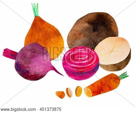 Hand-drawn Watercolor Soup Vegetables. Ingredients Such As Carrot, Beetroot, Cabbage And Chili. Cute