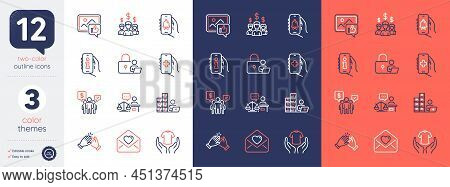 Set Of Salary Employees, Like Photo And Teamwork Line Icons. Include Clapping Hands, Info App, Court
