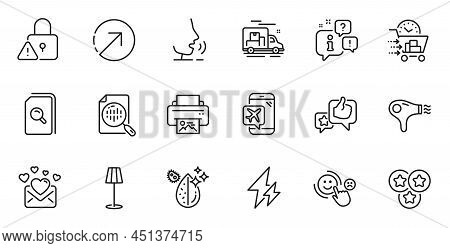 Outline Set Of Hair Dryer, Dirty Water And Search Files Line Icons For Web Application. Talk, Inform