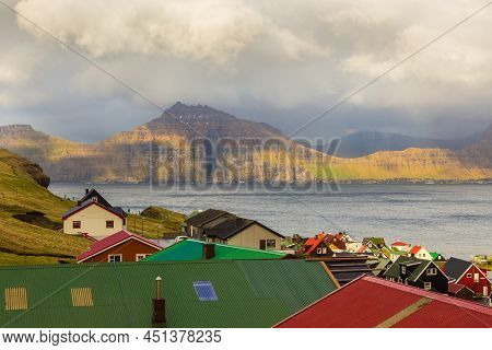 Gjogv, Faroe Islands, Denmark - 05 May 2018: Small Village Gjogv Situated On The Slope Of The Mounta