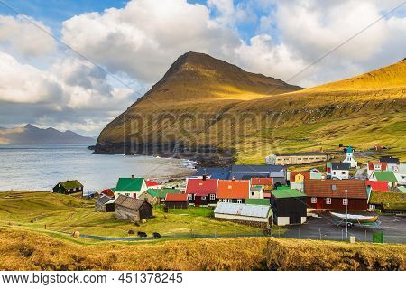 Gjogv, Faroe Islands, Denmark - 05 May 2018: Small Village Gjogv Situated On The Slope Of The Mounta