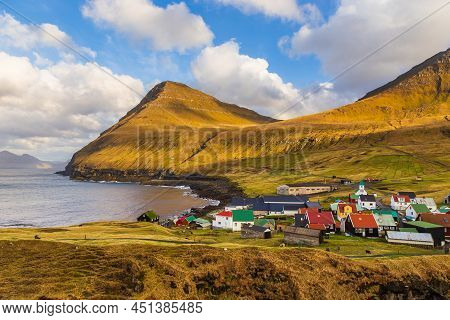 Gjogv, Faroe Islands, Denmark - 05 May 2018: Small Village Gjogv Situated On The Slope Of The Mounta