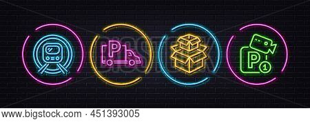 Packing Boxes, Truck Parking And Metro Subway Minimal Line Icons. Neon Laser 3d Lights. Parking Secu
