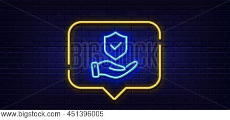 Neon Light Speech Bubble. Insurance Hand Line Icon. Risk Coverage Sign. Policyholder Protection Symb