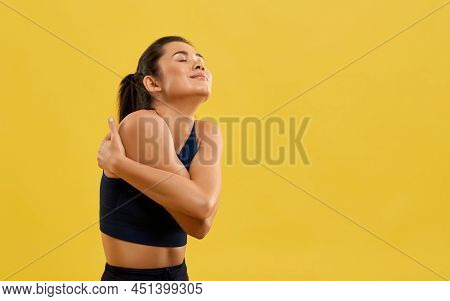 Close Up Of Slim Woman Standing, Holding By Hands, Hugging, Smiling, Looking Up, With Closed Eyes. B