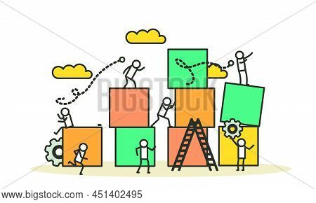 Advertising Puzzle From Cube Block Vector Flat Illustration. Analytics Chart Business Job People Tea