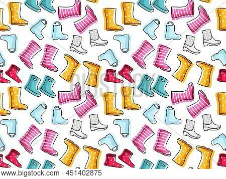Seamless Pattern With Rubber Boots. Different Colors And Shape Boots. Foot Protection. Cartoon Cute 