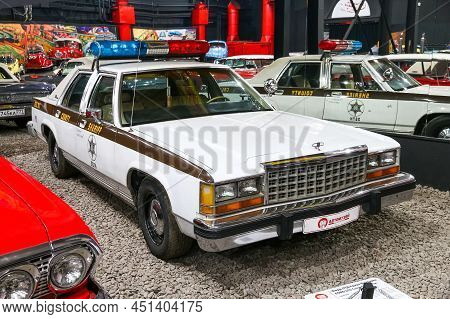 Moscow, Russia - March 6, 2022: Classic American Police Car Ford Ltd Crown Victoria In The Car Histo