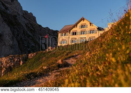 Appenzell, Switzerland - August 9, 2020: Mountain Inn Rotsteinpass At Sunset