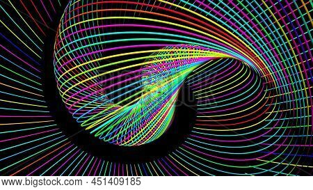 3d Render. Abstract Geometric Bg With Rings Form Complex Twisted Spiral And Light Effects. Rings Fla