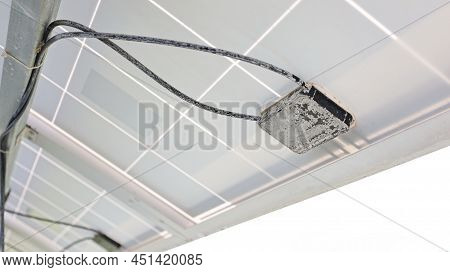 Solar Junction Box. Blocking Diode Missing Or Damaged Cover At The Bottom Of A Mono Solar Panel In A