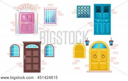 House Facades With Different Doors And Windows In Brick Wall. Vector Cartoon Set Of Wooden Gates In 