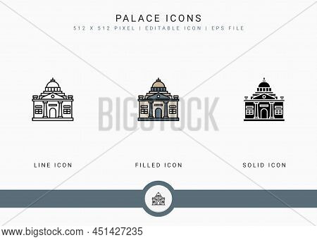 Palace Icons Set Vector Illustration With Solid Icon Line Style. City Building Concept. Editable Str