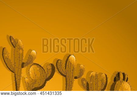 Tall Succulent Cactuses With Thorns On Color Background. Vector Drawing Set Illustration For Icon, G