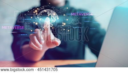 Hand Pointing Virtual Global Internet Connection Metaverse. Business Global Internet Connection Appl