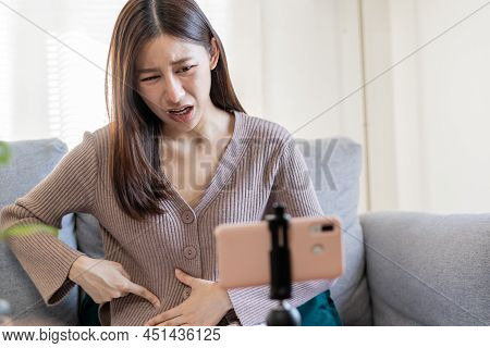 Flatulence Asian Young Woman, Girl Or Patient Hand In Stomach Ache Suffer Food Poisoning, Abdominal 