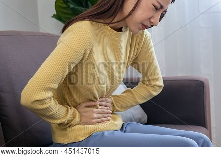 Flatulence Young Asian Woman, Girl Hand In Stomach Ache, Suffer From Food Poisoning, Abdominal Pain 