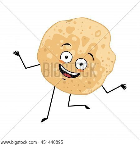 Pancake Character With Crazy Happy Emotion, Joyful Face, Dancing Arms And Legs. Baking Person, Homem