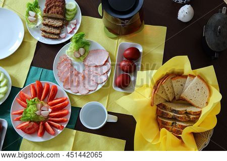 Easter Breakfast Table In Poland. Easter Foods In Europe. Easter In Poland - Wielkanoc.