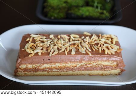 Easter Cake Mazurek In Poland. Easter Pastry: Mazurek Cake With Chocolate Cream And Almonds. Easter 