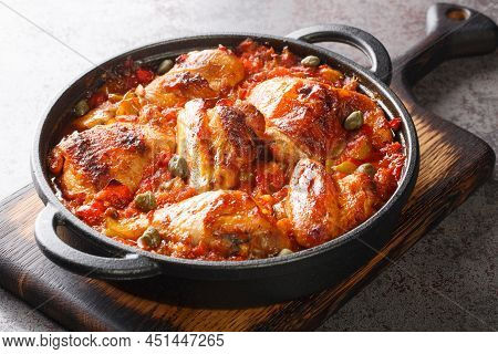 Rustic Style Chicken Baked With A Sauce Of Tomatoes, Peppers, Onions And Garlic Close-up In A Frying