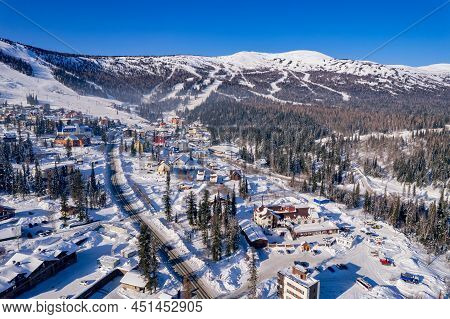 Aerial Top View Landscape Sheregesh Ski Lift Resort Winter, Mountain And Hotels, Russia Kemerovo Reg