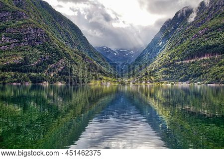 Norway Landscape - Hardanger Fjord With Rays Of Sunshine. Farms In Municipality Of Odda.