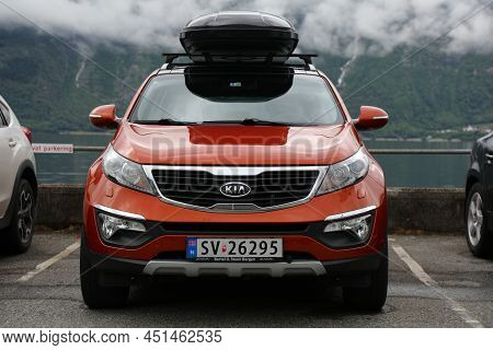 Ullensvang, Norway - July 30, 2020: Kia Sportage Suv Car Parked In Norway. There Are 2.8 Million Car